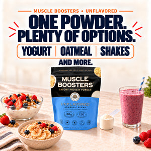 Muscle Boosters Unflavored protein powder with serving ideas for yogurt, oatmeal and shakes.