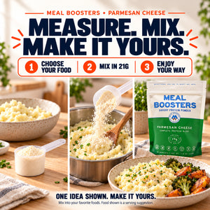 How to use Meal Boosters Parmesan Cheese: choose your food, mix in 21 g and enjoy your way. Example shows powder scooped into mashed potatoes and stirred before plating; other foods can be used.