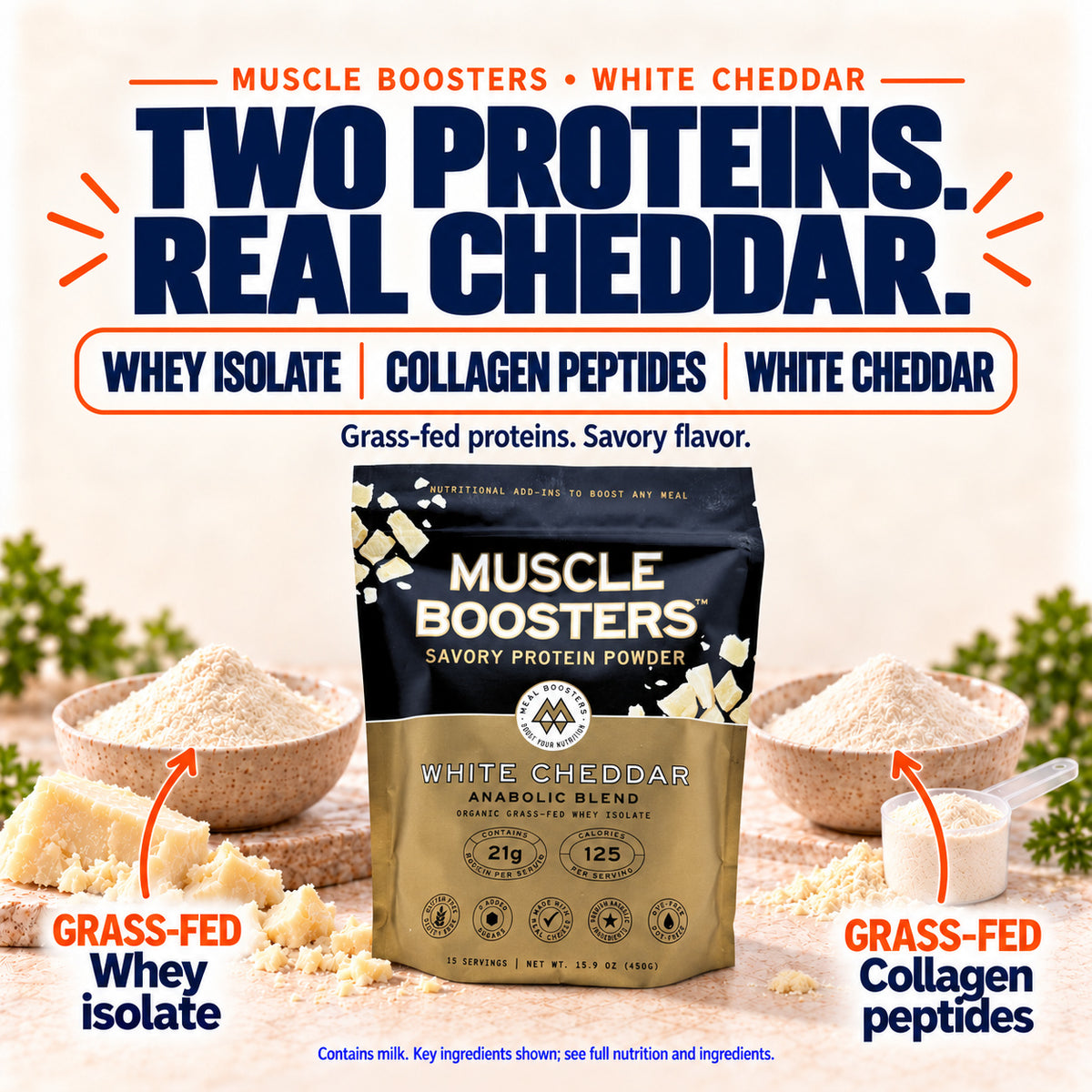 Muscle Boosters White Cheddar made with grass-fed whey isolate, grass-fed collagen peptides and white cheddar.