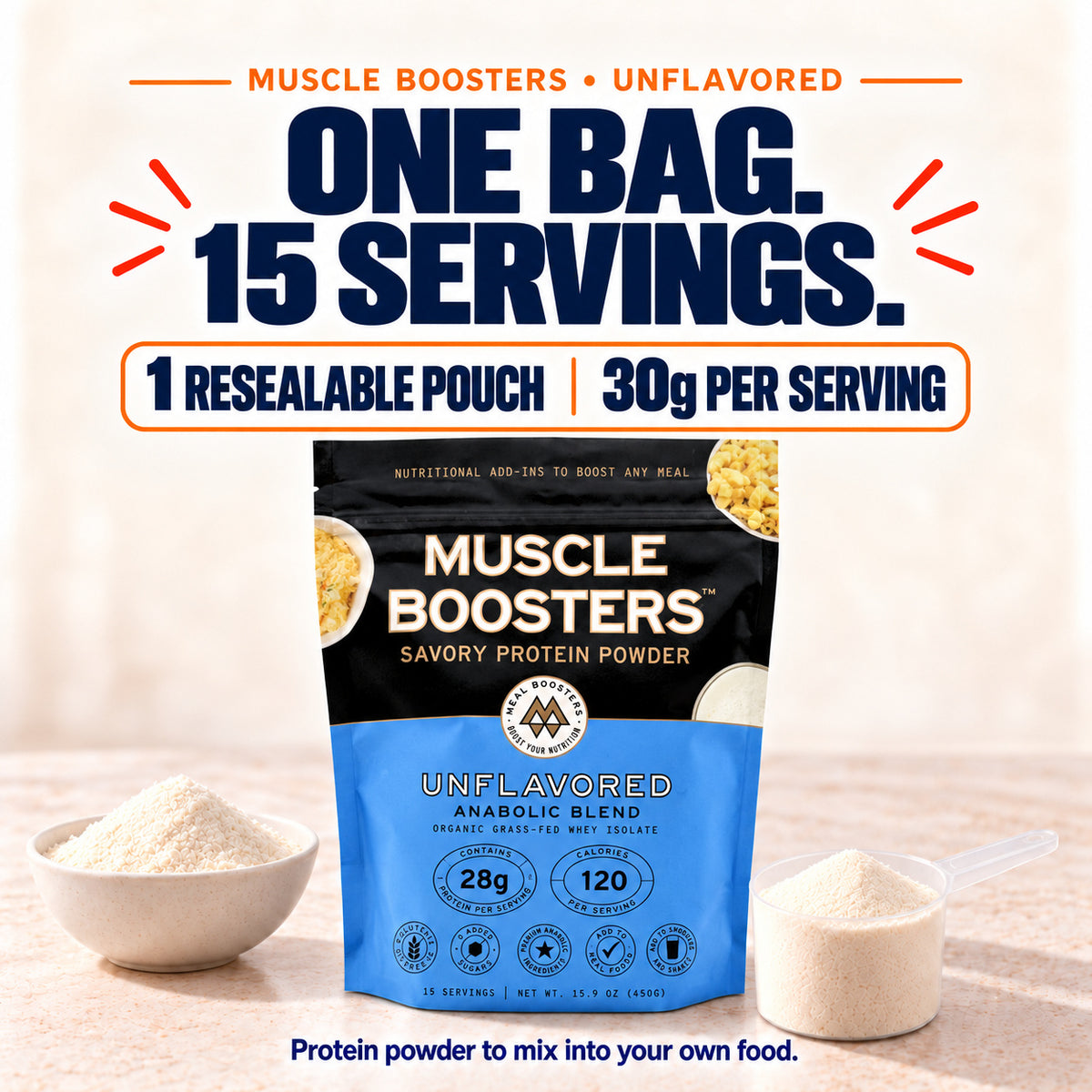 One resealable pouch of Muscle Boosters Unflavored protein powder containing 15 servings, 30g each.