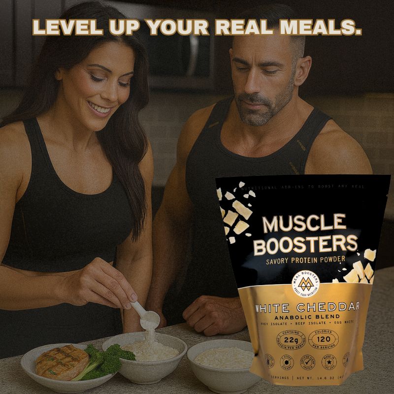 Muscle Boosters White Cheddar Savory Whey Protein Powder mix into real meals
