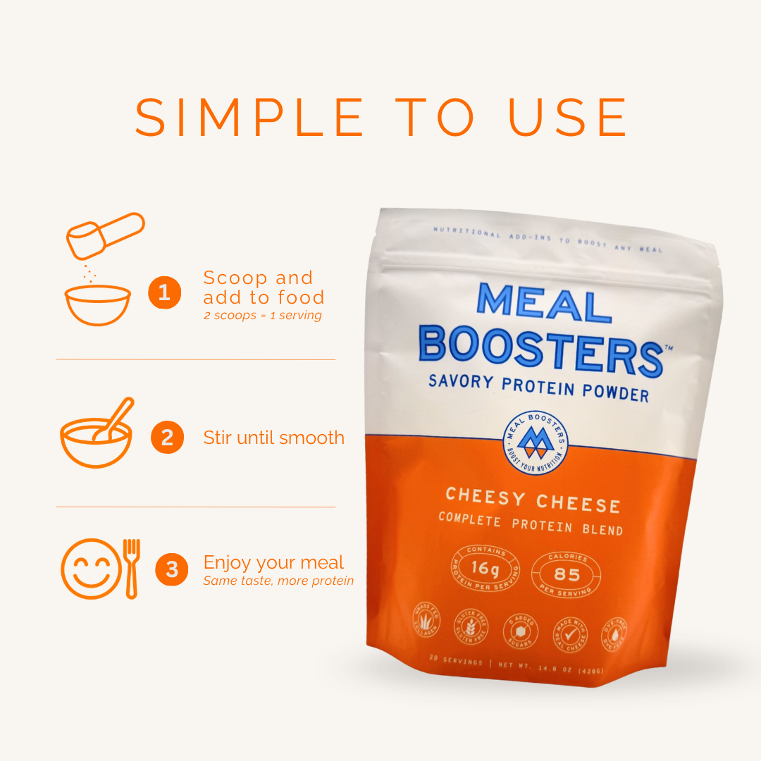 Meal Boosters Savory Protein Powder in a resealable stand-up pouch on a light beige background, with orange text reading 'SIMPLE TO USE' and three step icons on the left showing how to scoop, stir, and enjoy the protein powder.