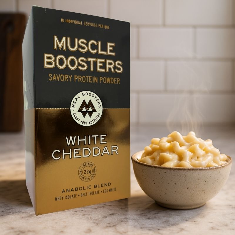 Muscle Boosters White Cheddar Savory Whey Protein Powder Mac and Cheese