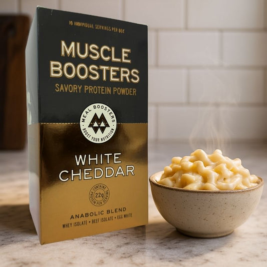 Muscle Boosters White Cheddar Savory Whey Protein Powder Mac and Cheese
