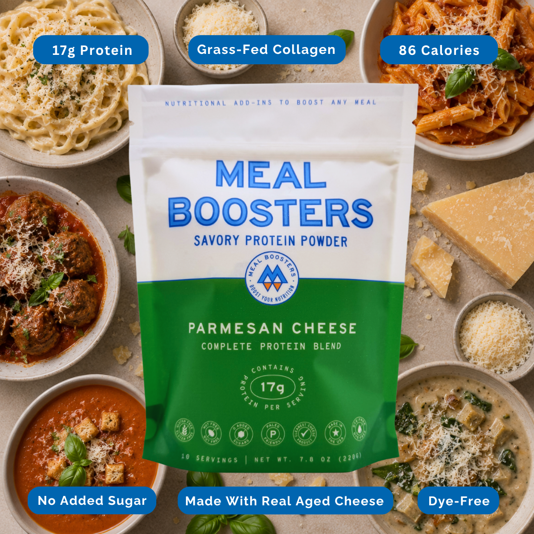 A bag of Meal Boosters Savory Protein Powder in Parmesan Cheese flavor is centered over a styled flat-lay of pasta dishes, cheese wedges, and bowls of food. Blue callout badges around the package read '17g Protein', 'Grass-Fed Collagen', '86 Calories', 'No Added Sugar', 'Made With Real Aged Cheese', and 'Dye-Free'.