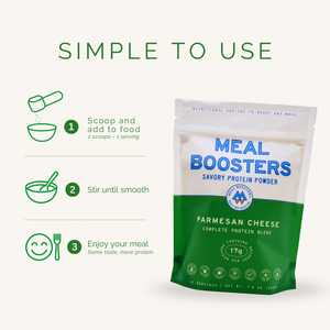 Meal Boosters Savory Protein Powder in a Parmesan Cheese flavor pouch, shown on a light beige background with green instructional text and icons explaining how to use it.