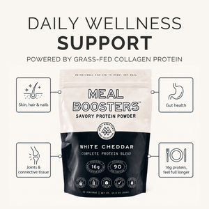 A stand-up pouch of Meal Boosters Savory Protein Powder centered on a light beige background, with marketing text above and feature callouts around it. The package is white on the upper half and black on the lower half, with white cheddar flavor text on the front.