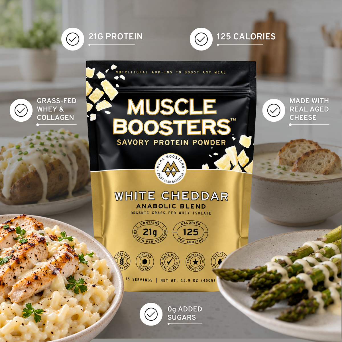 A stand-up pouch of Muscle Boosters Savory Protein Powder in White Cheddar flavor is centered over a blurred kitchen scene with plated food. White text callouts around the package highlight product claims: 21g protein, 125 calories, grass-fed whey and collagen, made with real aged cheese, and 0g added sugars.