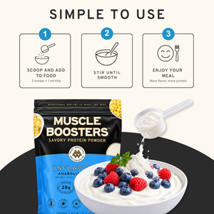 Unflavored Muscle Boosters Protein Powder in a black and blue bag, shown with a scoop of powder being poured into a bowl of yogurt with berries. Above the product, three illustrated steps explain how to use it: scoop and add to food, stir until smooth, and enjoy your meal.