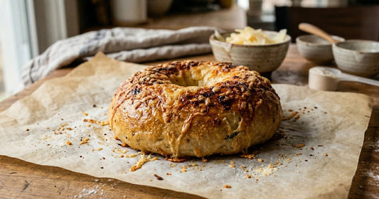 Golden-brown Parmesan Asiago bagel fresh from the oven on parchment paper, topped with melted shaved Asiago cheese and a glossy egg-washed crust