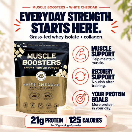 Muscle Boosters White Cheddar protein powder with 21g protein and 125 calories per 30g serving.