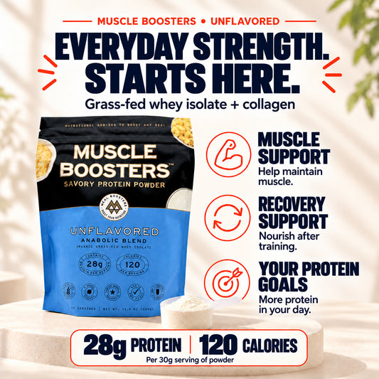 Muscle Boosters Unflavored protein powder with 28g protein and 120 calories per 30g serving.