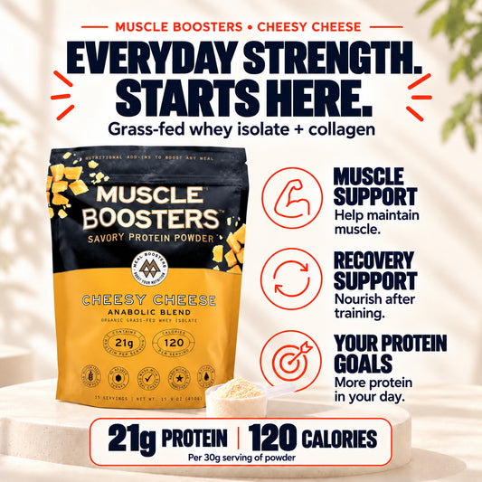 Muscle Boosters Cheesy Cheese protein powder with 21g protein and 120 calories per 30g serving.