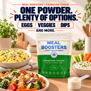 Meal Boosters Parmesan Cheese pouch and scoop with scrambled eggs, roasted vegetables and creamy dip. One powder, plenty of options: eggs, vegetables, dips and more.