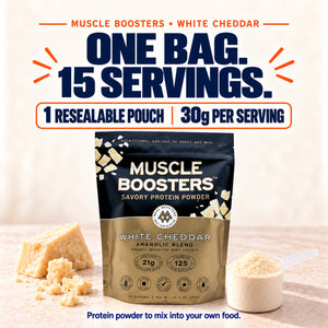 One resealable pouch of Muscle Boosters White Cheddar protein powder containing 15 servings, 30g each.