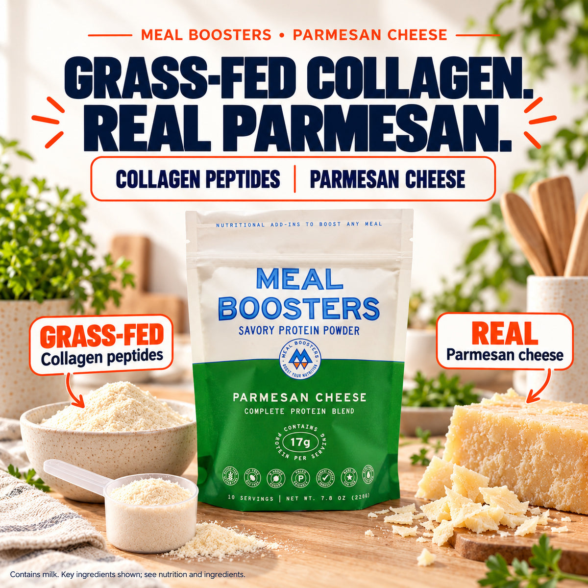 Meal Boosters Parmesan Cheese pouch and scoop with ingredient callouts identifying grass-fed collagen peptides and real Parmesan cheese.