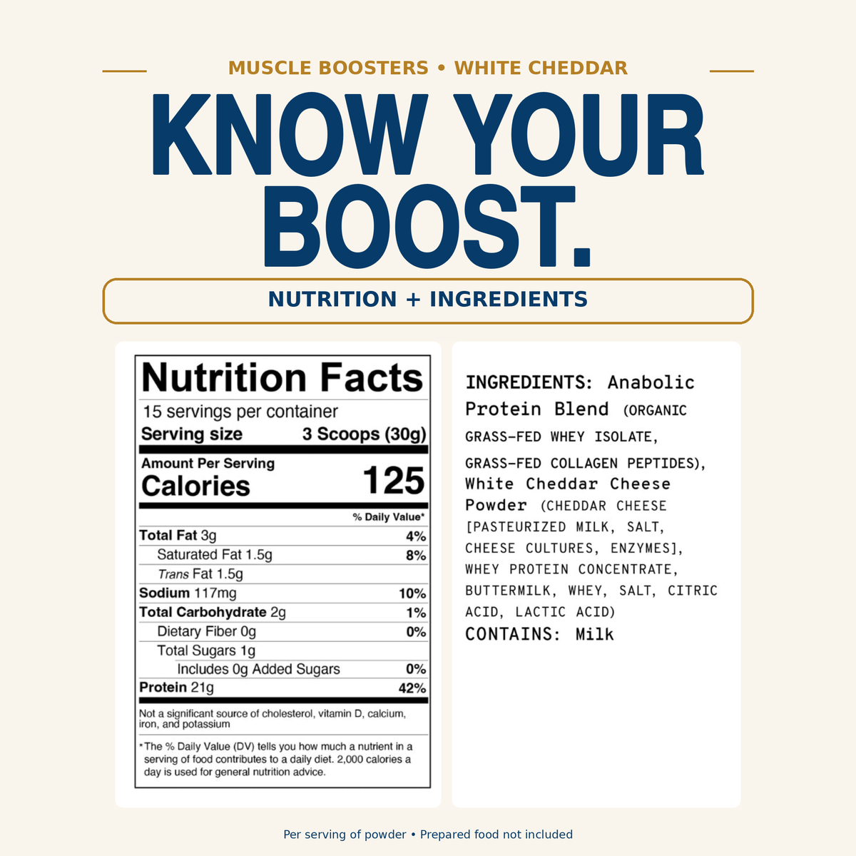 Muscle Boosters White Cheddar nutrition facts and ingredients: 21g protein and 125 calories per serving. Contains milk.