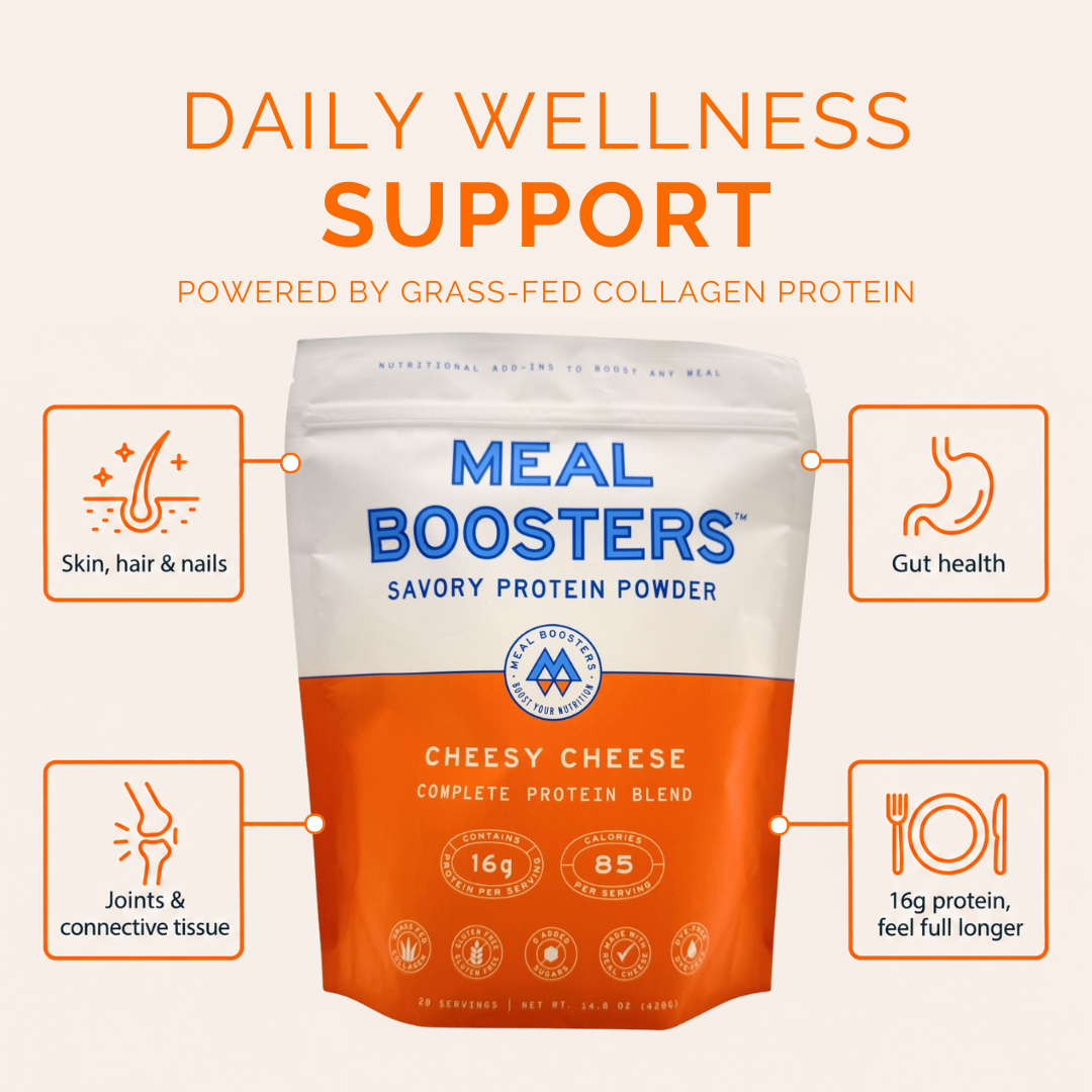 Meal Boosters Savory Protein Powder in a stand-up pouch with a white top half and orange bottom half, centered on a light beige background with promotional text and callout icons for skin, hair, nails, gut health, joints, and connective tissue.