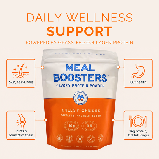 Meal Boosters Savory Protein Powder in a stand-up pouch with a white top half and orange bottom half, centered on a light beige background with promotional text and callout icons for skin, hair, nails, gut health, joints, and connective tissue.