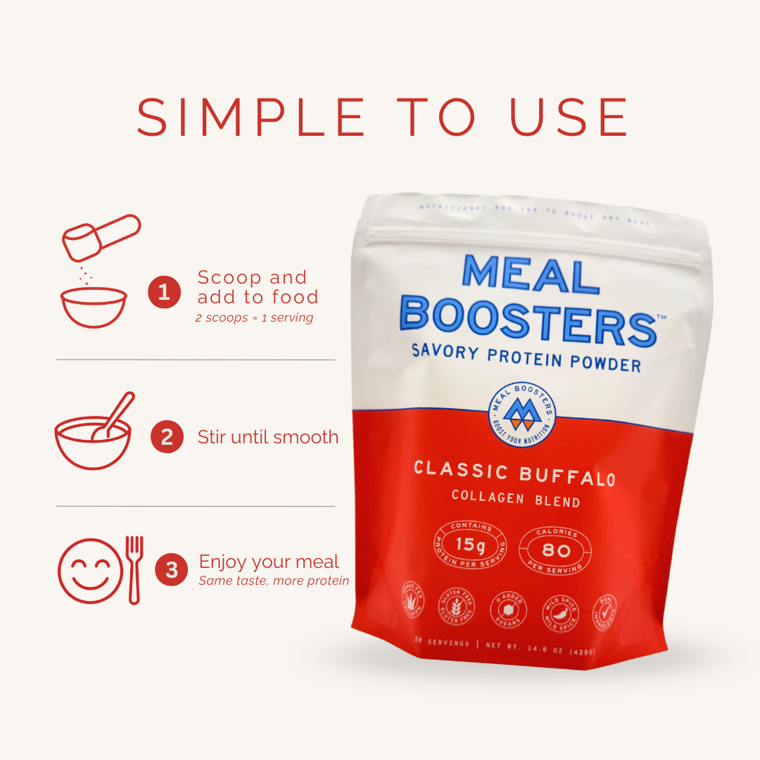 Meal Boosters Classic Buffalo Collagen Blend protein powder pouch on a light beige background with red instructional icons and text explaining how to use it.
