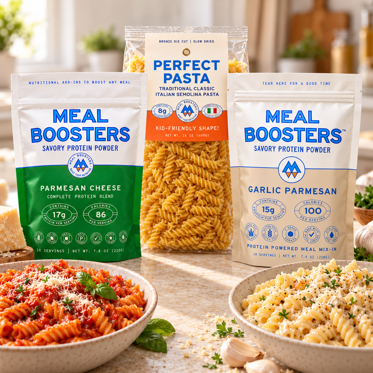 Meal Boosters Pasta Night Bundle with Parmesan Cheese, Garlic Parmesan and Perfect Pasta, surrounded by marinara and creamy garlic Parmesan fusilli.
