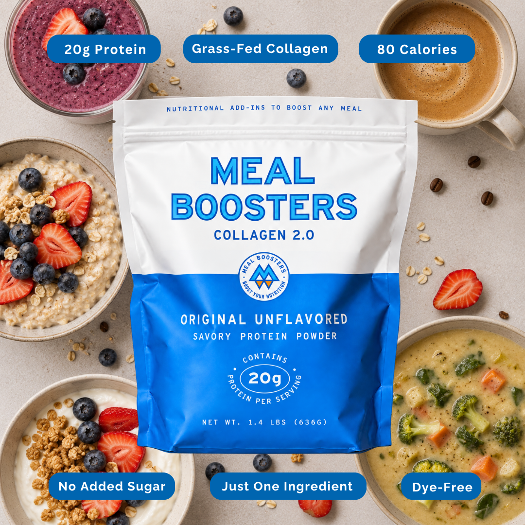 A bag of Meal Boosters Collagen  Original Unflavored Savory Protein Powder centered on a light beige surface, surrounded by bowls of breakfast foods and blue informational callouts.