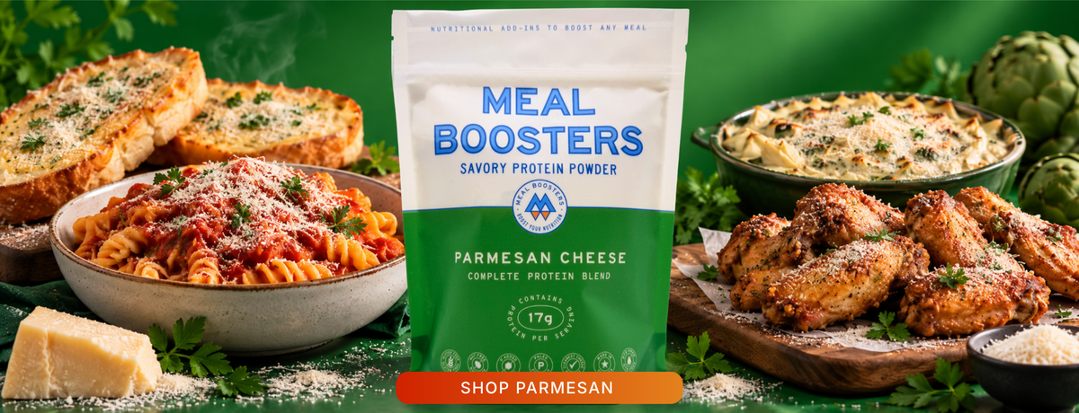 A bag of Meal Boosters Savory Protein Powder in Parmesan Cheese flavor stands in the center, surrounded by prepared food dishes including pasta, grilled chicken, and baked bread, with a green background and an orange 'SHOP PARMESAN' banner at the bottom.