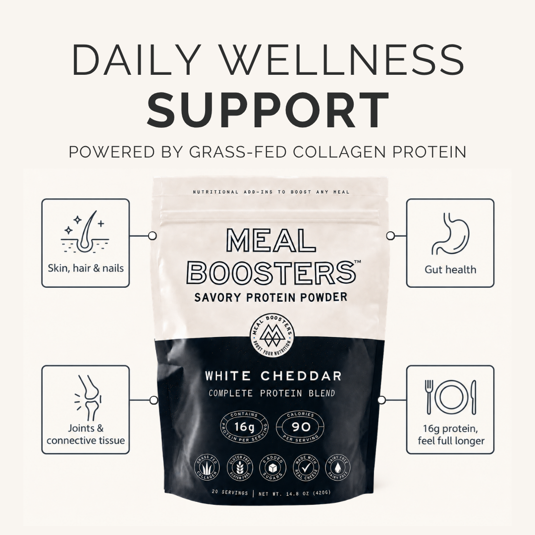 A stand-up pouch of Meal Boosters Savory Protein Powder centered on a light beige background, with marketing text above and feature callouts around it. The package is white on the upper half and black on the lower half, with white cheddar flavor text on the front.