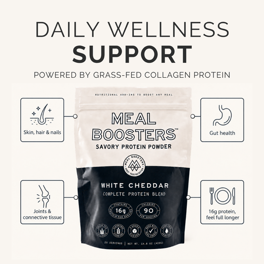 A stand-up pouch of Meal Boosters Savory Protein Powder centered on a light beige background, with marketing text above and feature callouts around it. The package is white on the upper half and black on the lower half, with white cheddar flavor text on the front.