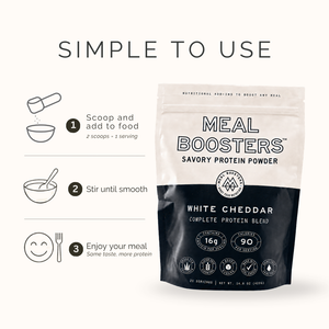 A stand-up pouch of Meal Boosters Savory Protein Powder in White Cheddar flavor, shown on a light beige background with a 'SIMPLE TO USE' instruction graphic on the left. The package is white on top and dark navy/black on the bottom, with text reading 'MEAL BOOSTERS', 'SAVORY PROTEIN POWDER', and 'WHITE CHEDDAR'.