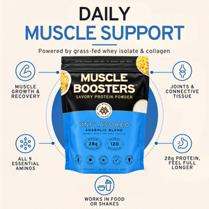 A promotional graphic for Muscle Boosters Savory Protein Powder. The product packaging is a stand-up pouch with a black top half and a bright blue bottom half, featuring the brand name 'MUSCLE BOOSTERS' in white.