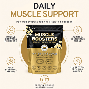 A promotional graphic for Muscle Boosters Savory Protein Powder in White Cheddar flavor. The product packaging is a gold and black pouch shown in the center, surrounded by callout lines and text highlighting benefits such as muscle growth, recovery, joints, and connective tissue support.