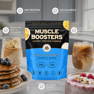 A bag of Muscle Boosters Savory Protein Powder stands in the center of a kitchen scene with breakfast foods and drinks around it. White text callouts highlight product benefits: 28g protein, 120 calories, grass-fed whey and collagen, just two ingredients, and 0g added sugars.