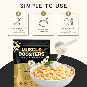 White Cheddar Muscle Boosters Savory Protein Powder bag shown with a bowl of macaroni and powder being poured, plus three step icons above reading 'Simple to Use' for scoop, stir, and enjoy.